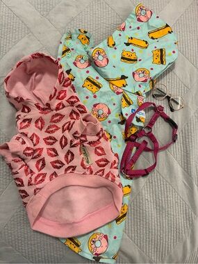 Pet gear!  Raincoat,Pink Hoodie, Harness, and mini pet glasses.  Size small.